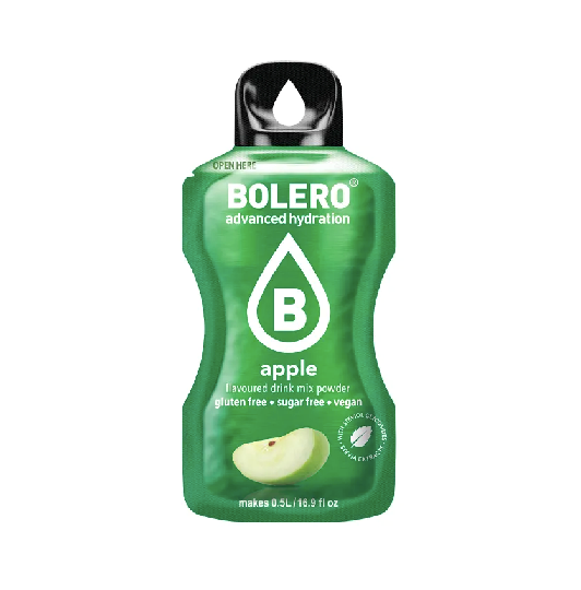 Bolero Apfel Instant-Getränkesticks, 3g, in Verpackung, naturtrüber Apfelgeschmack, ideal für schnelle Erfrischung.