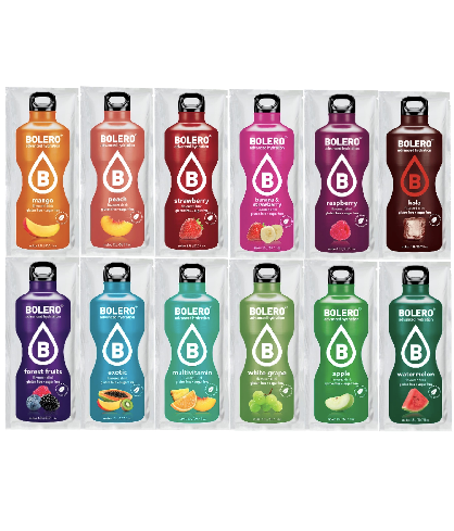 Bolero Drink Box Mix mit verschiedenen Geschmacksrichtungen, 12 x 9g, Pulver für erfrischende Getränke, in Packung sichtbar