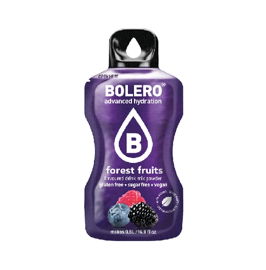 Bolero Waldfrüchte Instant-Getränkesticks, 3g, in geöffnetem Beutel, zeigt bunte Fruchtgeschmack-Getränk.
