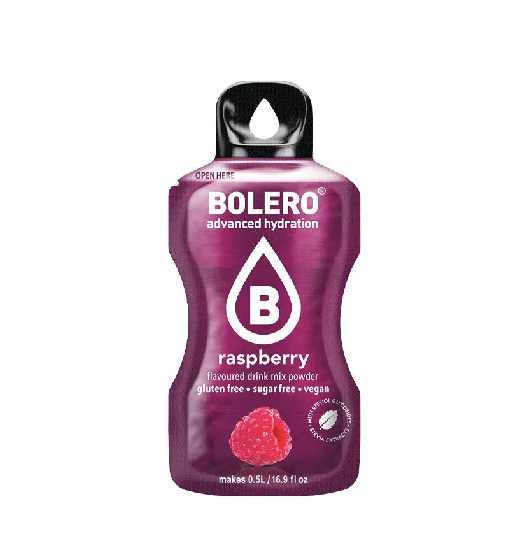 Bolero Himbeere Instant-Getränkesticks, 3g, auf einer weißen Oberfläche, zeigt die Verpackung mit frischer Himbeere und Getränkepulver