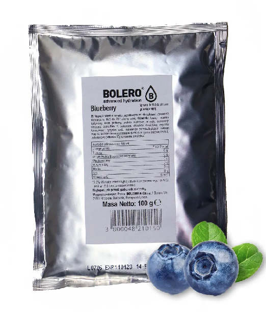 Bolero Bolero Tasche Heidelbeere 100g, zeigt die blaue Verpackung mit Heidelbeer-Design und Produktinformationen.