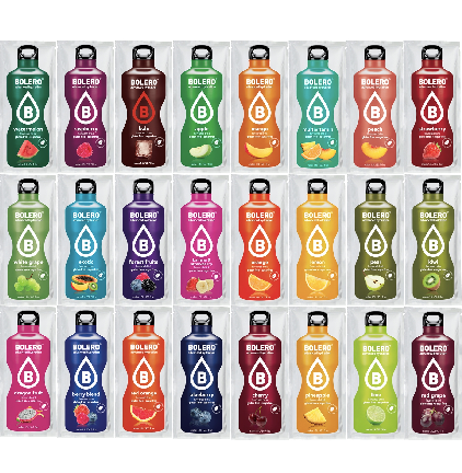 Bolero Drink Box Mix mit 24 Geschmacksrichtungen, 9g Beutel, bunt gemischte Pulver für erfrischende Getränke.