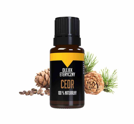 Ätherisches Zedernöl von Bilovit in 10ml Flasche, zeigt die klare Flüssigkeit in einer kleinen Glasflasche.