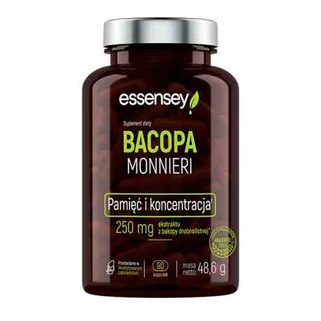 Essensey Bacopa Monnieri Kapseln, 90 Stück, für geistige Klarheit und Konzentration, in einer transparenten Packung.