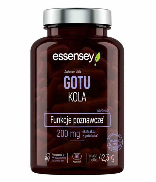 Essensey Gotu Kola Kapseln, 90 Stück, close-up der hellgrünen Kapseln in einer transparenten Packung.