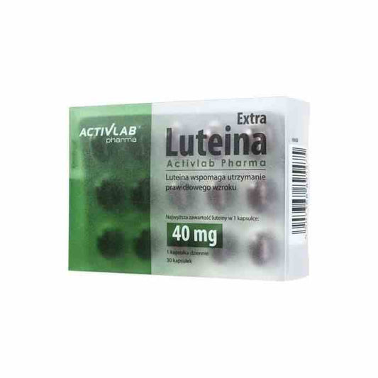 AktivLab Lutein Extra Kapseln, Nahaufnahme der 30 Kapseln in einer blauen Verpackung, Nahrungsergänzungsmittel für die Augengesundheit