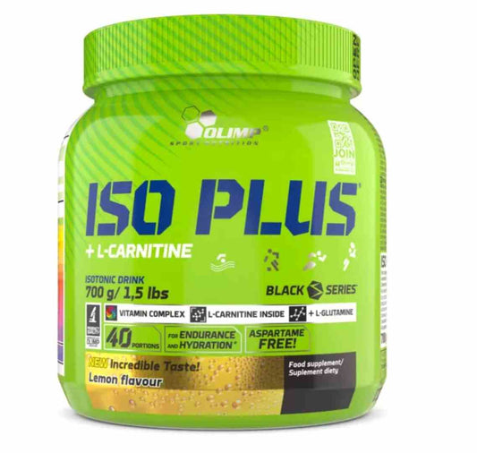 Olimp Iso Plus Pulver Zitronengeschmack, 700g Proteinpulver in Dose, gelbes Zitronen-Design, scoop und Pulver im Behälter sichtbar