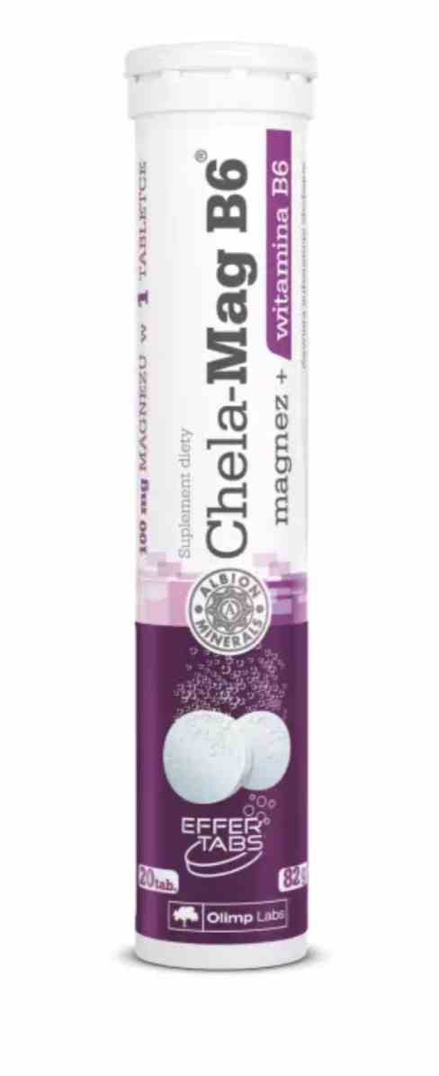 Olimp Chela Mag B6 Brausetabletten mit Orangengeschmack, 20 Stück, gefüllt mit Magnesium und Vitamin B6 in Orange-Tablettenform