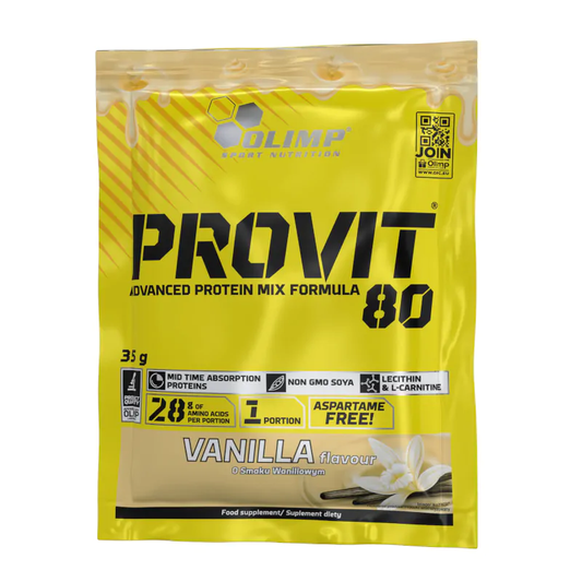 Olimp Provit 80 Vanille-Geschmack Proteinpulver in 35g Packung, weiße Verpackung mit Vanille-Design, offene Verpackung mit Pulver