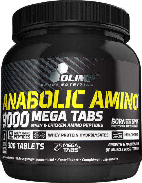 Olimp Anabolic Amino 9000 Tabletten, flache Dose mit 300 Tabletten, für Muskelaufbau und Regeneration, sieht die Packung an.