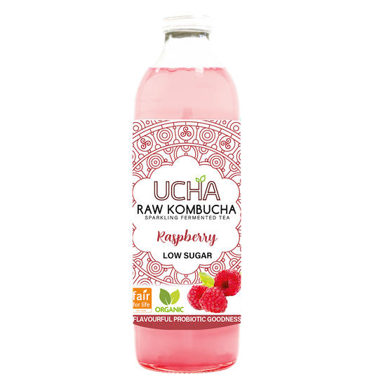Karuna Kombucha Bio Himbeergeschmack, low sugar, 350 ml Flasche mit spritziger, roter Himbeere und natürlichem Geschmack.