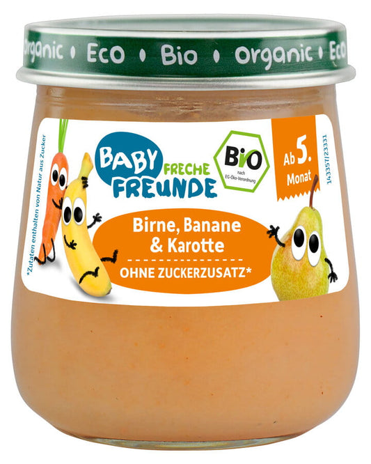 Bio Baby-Gläschen mit glutenfreien Gras-Bananen-Karotten-Senf-Freche Freunde, 120 g, fruchtige und gesunde Kindermahlzeit