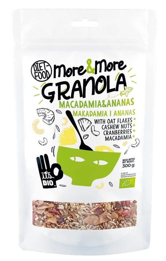 Bio Granola mit Macadamianüssen und Ananas von DIET-FOOD, 300 g, mit fruchtigen Ananasstücken und knusprigen Nüssen.