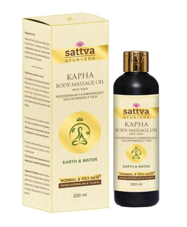 TULSI Massageöl von SATTVA, 200 ml, warmendes und energetisierendes Ayurveda-Massageöl, zeigt Flasche und Etikett.