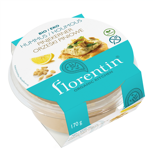 Glutenfreier Bio-Hummus mit Kiefernüssen von FLORENTIN, cremig und lecker, in 170 g Packung, auf weißem Hintergrund.