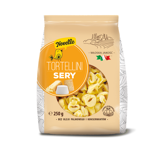 Tortellini mit Käse von Novelle, 250 g, frisch gekochte italienische Pasta mit cremiger Käsefüllung auf einem Teller.