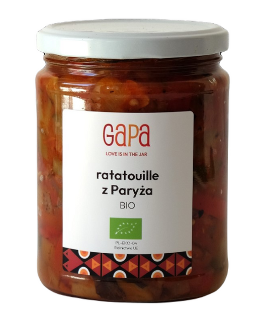 Bio-Paris Ratatouille in 450 g, GAPA Markenprodukt, zeigt eine bunte Mischung aus frischem Gemüse in einer Schüssel.