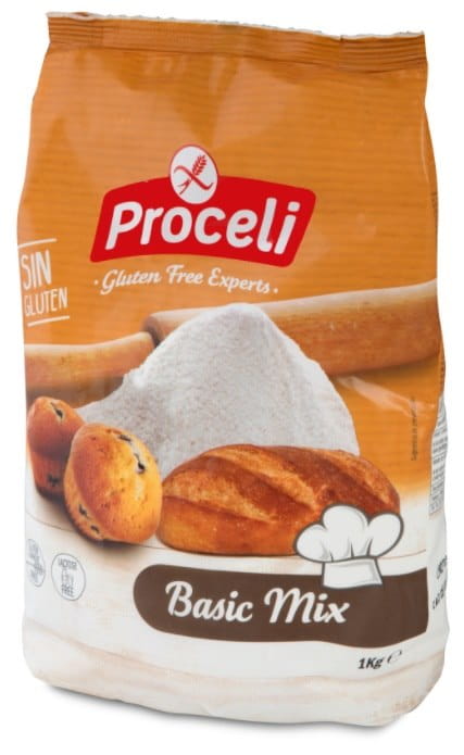 Glutenfreie Mehrzweck-Backmischung von PROCELI in 1 kg Packung, vielseitig zum Backen geeignet, mit Mehl, Backpulver und Zutaten.