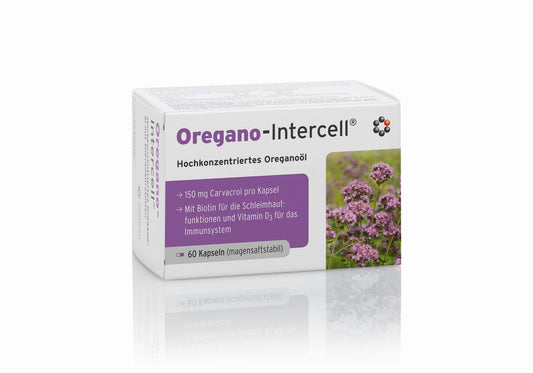 Oregano-Intercell® Kapseln in einer offenen Packung, natürliche Kräuterergänzung von Intercell Pharma, 60 Kapseln