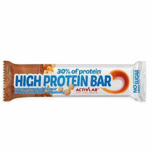 AktivLab High Protein Riegel mit Karamell- und Nougatgeschmack, 49 g, zeigt den Schokoriegel mit cremiger Füllung.