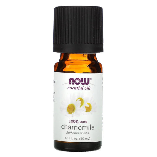 Reines Kamillenöl von NOW FOODS in einer 10 ml Flasche, blondes ätherisches Öl mit Kamillenblüten für Aromatherapie.