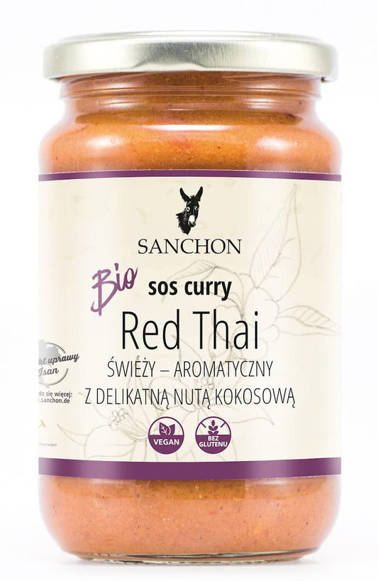 Glutenfreie Thai-Rote Curry Wegaing Sauce von Sanchon in 340 g Flasche, bio, mit frischen Gewürzen und Sojasauce, flüssig.