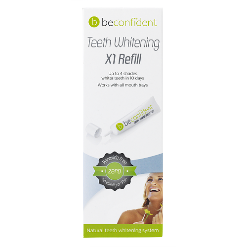 BeConfident Zusatzgel zur Zahnaufhellung, 10 ml, in einer offenen Tube mit weißem Gel für strahlendes Lächeln