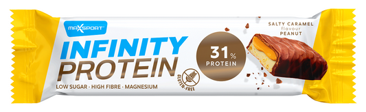 Proteinriegel von MAXSPORT mit Karamell, Erdnüssen in Milchschokolade, glutenfrei, 55 g, zeigt den Riegel mit Nüssen und Karamellfüllung