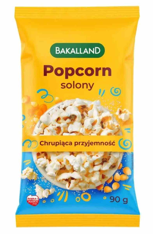 Gebranntes, gesalzenes Popcorn in 90 g Packung von Bakalland, knusprig und aromatisch, sichtbar im Bild