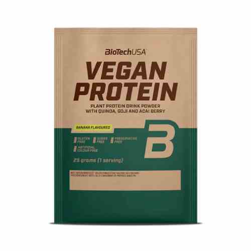 Veganes BioTech USA Protein mit Bananengeschmack, 25g Portion, cremige Textur, in einer Verpackung mit Bananenillustration