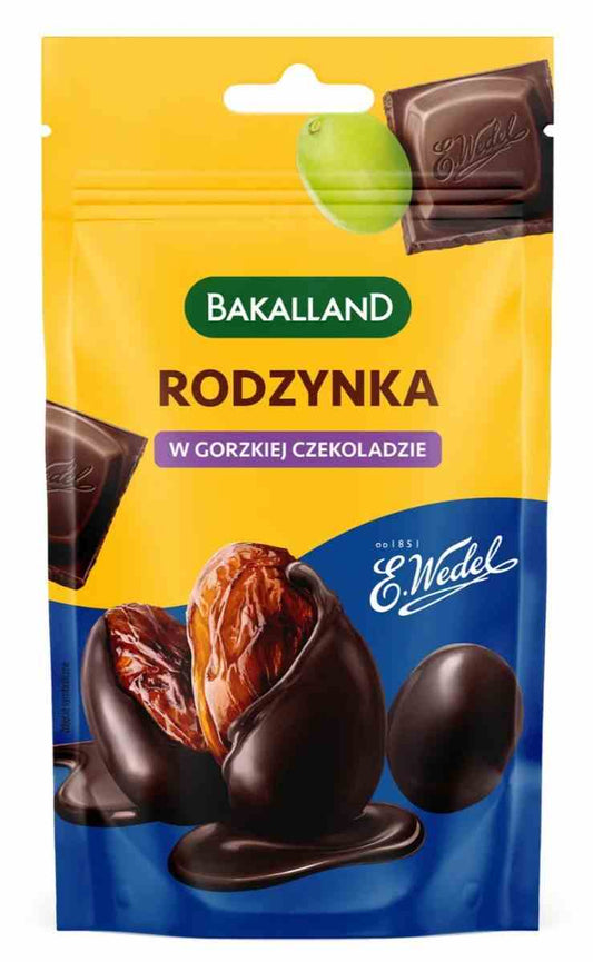 Dunkle Schokoladen-Rosinen von Bakalland in 62 g Packung, getrocknete Rosinen mit Schokoladenüberzug, Nahaufnahme