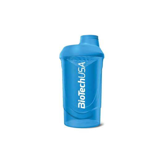 Blauer BioTech USA Schüttler Wave 600ml mit Edelstahlkugel zum Mischen von Protein- und Supplements.