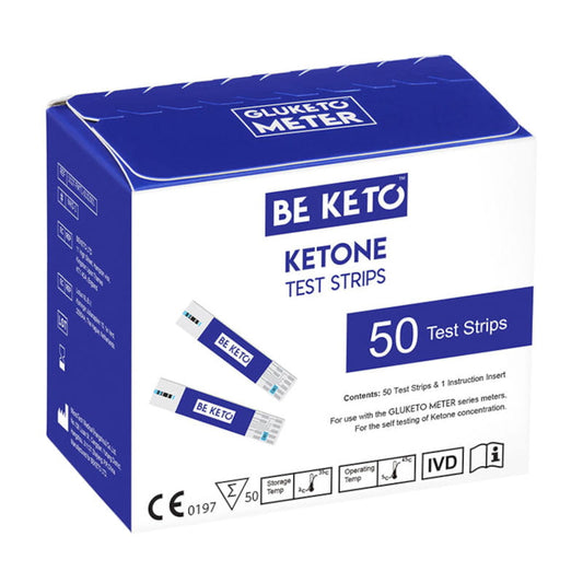 Ketonteststreifen für BeKeto GluKeto Meter, 50 Stück, von Dystrybutor Biogo.pl, zeigt die Teststreifen in der Verpackung
