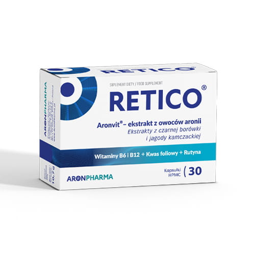 AronPharma Retico® 30 Kapseln, Nahrungsergänzungsmittel in einer weißen Kapselpackung, auf weißem Hintergrund.