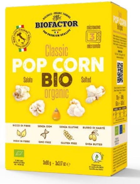 Mikrowellen-Popcorn mit Salz von BIOFACTOR, glasfrei, biologisch, 3x90 g, in offener Verpackung.