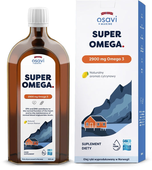 Gelbes Fläschchen mit OSAVI Super Omega 2900 mg Zitronengeschmack in 500 ml Flasche, Omega-3-Fischöl, Nahrungsergänzung