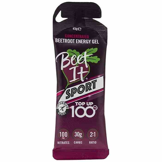 Beet It Sport Energie-Gel Top Up 100, 12 Stück, 43g, energetisches Sport-Gel von Dystrybutor Biogo.pl, Nahaufnahme der Verpackung