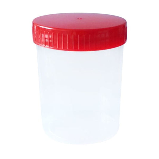 Steriler 100 ml Urinbehälter von KOSMED, klare Plastikflasche für medizinische Urinproben, mit Deckel und Messskala.