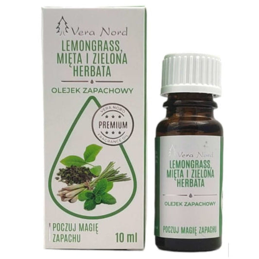 Vera Nord Zitronengras-Minze und Green.Her. Öl 10ml Flasche mit frischen Zitronengras- und Minzestücken