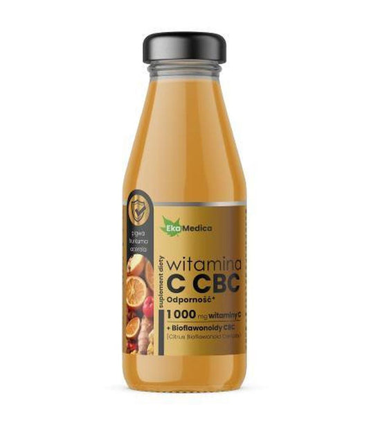 Ekamedica Vitamin C CBC 250 ml Flasche mit Orangengeschmack, Vitamin C Nahrungsergänzung in der Verpackung sichtbar