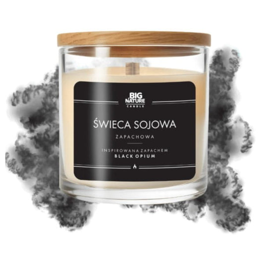 Große schwarze Sojakerze von BIG NATURE mit Duft von Black Opium, 215 g, mit brennender Flamme und stilvollem Design