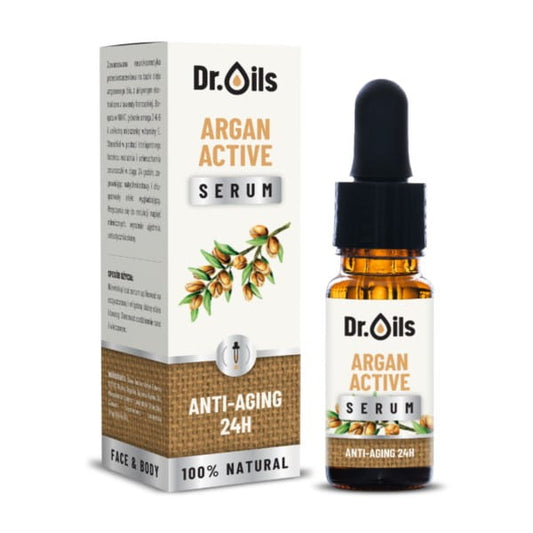 Argan-Serum von Dr. Oils in 10 ml Flasche, feine Textur, für Hautpflege, mit Arganöl, auf weißem Hintergrund.