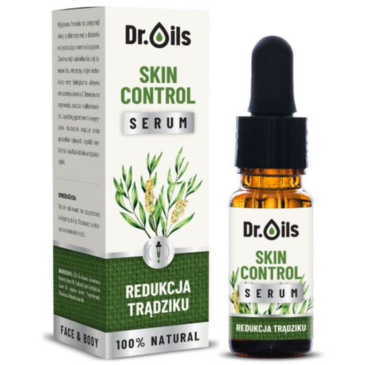 Flüssiges Dr. Oils Serum Skin Control in 30 ml Flasche, glänzende Verpackung, für gepflegte Haut.