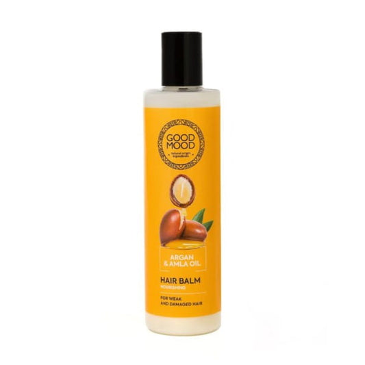 Haarbalsam mit Argan und Amla, 250 g, für gute Laune, in einer offenen Tube, zeigt natürliche Inhaltsstoffe und Pflege.