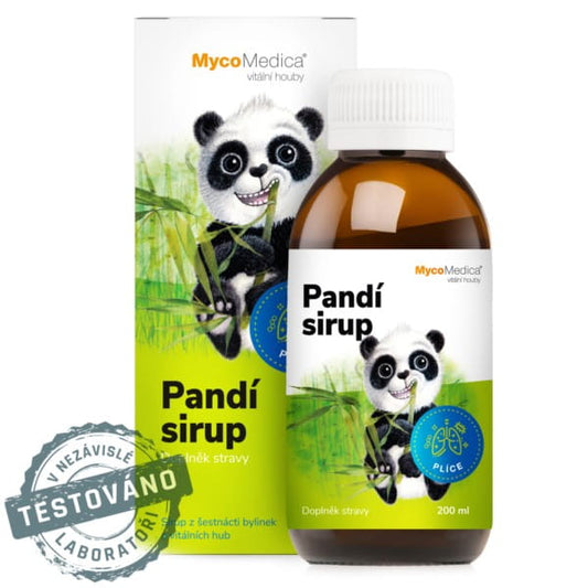 Panda Sirup von MycoMedica in 200 ml Flasche, naturbelassene pflanzliche Inhaltsstoffe, auf weißem Hintergrund abgebildet