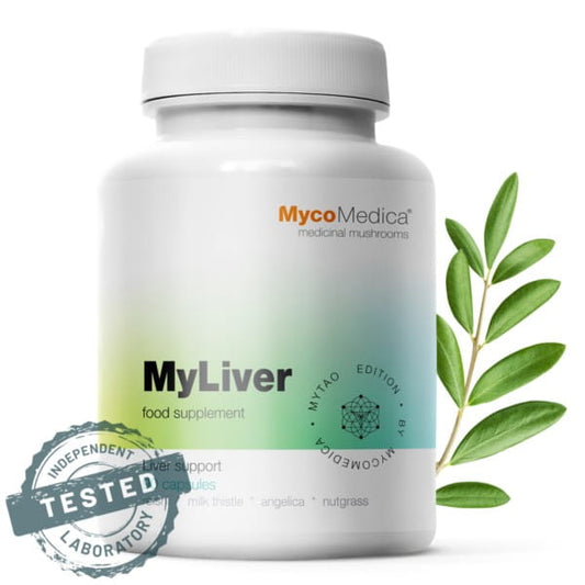 MycoMedica MyLiver Leberkapseln, 90 Stück, natürliche Nahrungsergänzung für die Lebergesundheit, in einer offenen Packung.