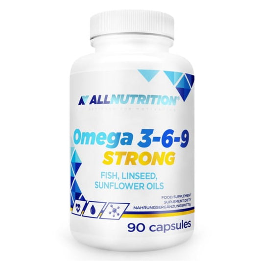 Allnutrition Omega 3-6-9 Kapseln, 90 Stück, Nahrungsergänzungsmittel mit Omega-Fettsäuren in einer blauen Packung
