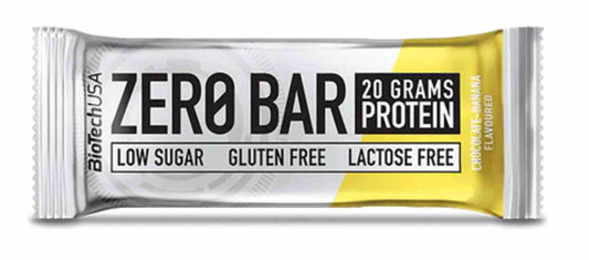 BioTech USA Zero Bar 50g mit Schokoladen- und Bananengeschmack, zeigt die Proteinriegel mit Schoko- und Bananenverzierung.