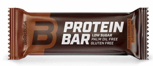 BioTech USA Protein-Riegel 70g mit doppeltem Schokoladengeschmack, Schokoladenriegel mit Nährstoffangaben und Verpackung