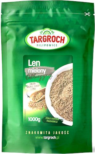 Entfetteter gemahlener Flachs von TAR-GROCH-FIL, 1000 g, feines, braunes Leinsamenpulver auf weißem Hintergrund